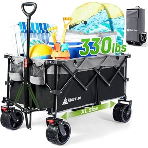 Hikenture Collapsible Wagon Cart, 330lbs Capacity Beach Wagons with Big Wheels for Sand, Heavy Duty Foldable Cart with Brakes, Portable Utility Folding Garden Cart for Outdoor