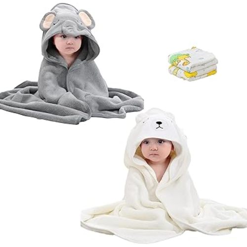 Hooded Baby Towels 2 Pack with 2 Little Towel for Kids, Ultra Soft Organic Baby Bath Towel with Cute Design, Shower Towel Gift for Boys or Girls, Newborns, Infants and Toddlers (White & Grey)