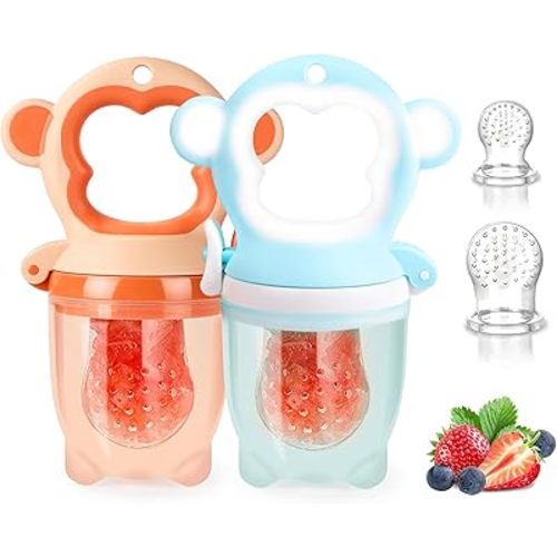 Baby Fresh Fruit Feeder Pacifier, 2 Pack HAOBAOBEI Baby Teether for Chewing, Freezable Infant Teething Toy, Teething Relief, Food Feeder with 4 Silicone Pouch, BPA Free - Monkey (Orange & Blue)