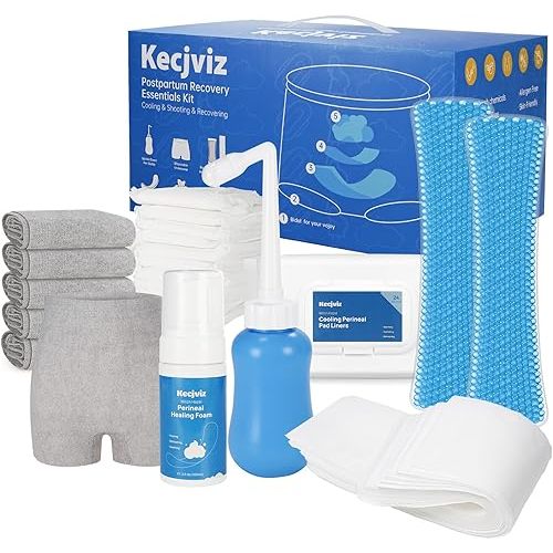 Postpartum Essentials Kit - Hospital Must-Have for New Moms, Recovery with Upside-Down Peri Bottle, Witch Hazel Foam, Cooling Liners, Reusable Cold Pads, Disposable Underwear & Maternity Pads