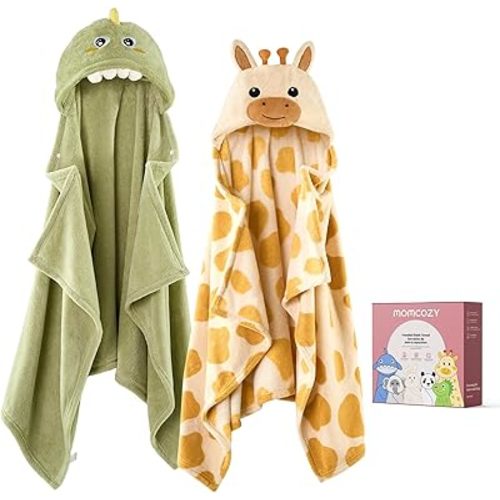 Momcozy Baby Bath Towels with Hooded -Visualize Health Label -Soft & Absorbent Coral Fleece Towel for Comfort & Warm - Bath Essential or Shower Gift for Newborn, Infant,Toddler (Large, 28 x 55 Inch)