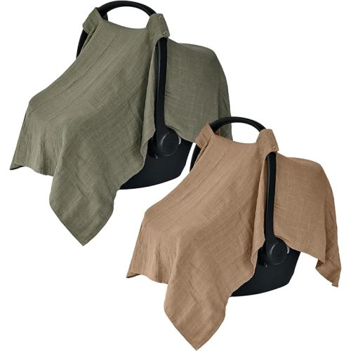 Car Seat Cover Baby - Organic Muslin Cotton - Carseat Canopy - 43" x 32" 2-Pack (Sage Green/Natural)