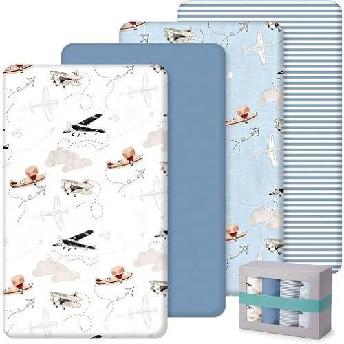 SmoothNovelty 4 Pack Airplanes Crib Fitted Sheet for Boys Girls - 52" x 28" Fitted Baby Sheet with Stripe Style for Standard Mattress Gift Set, Microfiber & Soft Breathable(Blue)