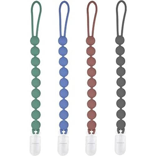 Silicone Pacifier Clip Holder, 4 Pack One Piece Soft Flexible Binky Clips Pacifier Holder Clip for Boys, Birthday Christmas Shower Gift