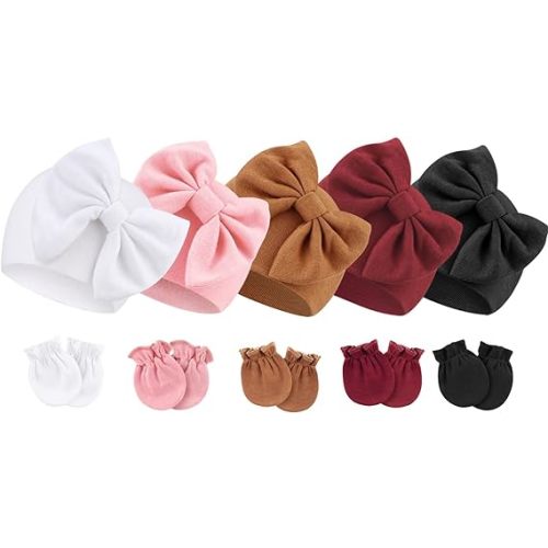 BQUBO Newborn Baby Girls Hats Mittens Set Hospital Hat Beanie Infant Bow Hats Baby Cotton Gloves No Scratch Mittens - 5 Baby Bow Hats + 5 Pairs Mittens (Set C)