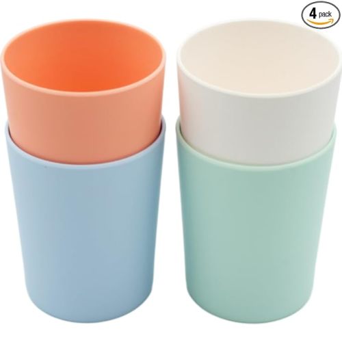 WeeSprout Bamboo Toddler Cups, 10 oz Set of Four, Babies, Big Kids & Toddlers, Made With All Natural Bamboo, Dishwasher Safe (Pastel Coral, Blue, Mint & Off White, 10 oz (Without Lids))