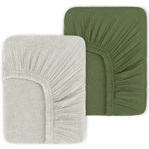 Muslin Fitted Crib Sheets for Girls & Boys-2 Pack 28"x 52" Soft Baby Mattress Sheet-No Slip Boho Neutral Breathable Toddler Cotton Bedding Olive Green & Beige Colors