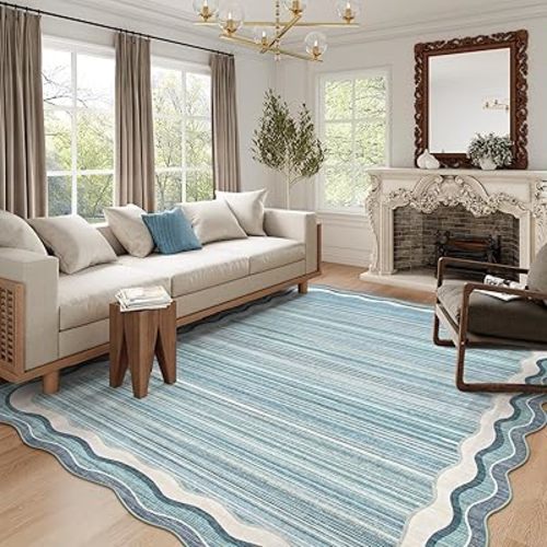 Lahome Scalloped Modern Washable Rugs 5x7,Blue Rugs for Bedroom Aesthetic Soft Living Room Rug,Abstract Minimalist Irregular Non-Slip Low-Pile Throw Carpet for Dining Room Home Office(Blue,5x7)