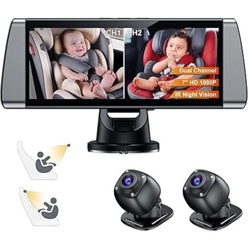 Baby Car Camera for 2 Kids - 7" Split Screen with Dual Carseat Camera - USB Plug and Play Easy Install - Safety Rear Facing Infant Back Seat Monitor with HD 1080P, Night Vision - Black
