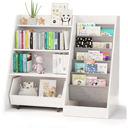 UPPYL Kids Bookshelf and Toy Storage, 4 Tier Toddler Bookshelf with Movable Drawer 5 Sling Pockets, Montessori Book Shelf for Kids Room, Playroom, Nursery (White)