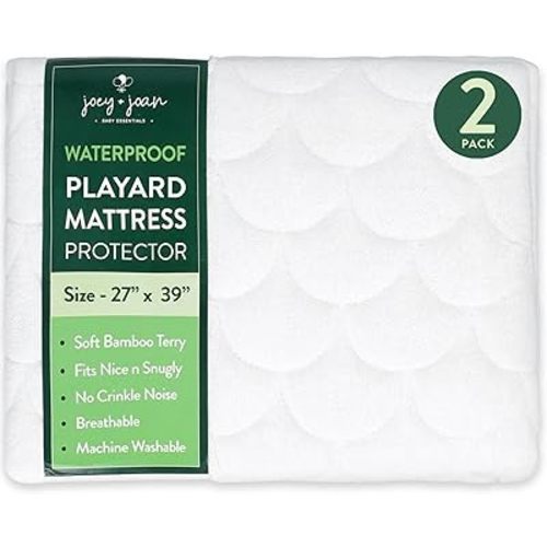 Joey + Joan Waterproof Pack and Play Mattress Pad Protector Cover – Compatible with Graco Pack n Play – 2 Pack Quilted Playard Sheets of Viscose Made from Bamboo – 27" x 39"
