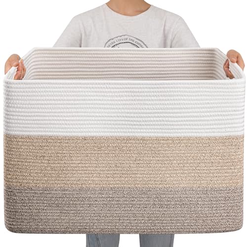 OIAHOMY 108L Super Large Blanket Basket, 25”x16”x16”(108L) Rectangle Woven Baskets for Storage, Cotton Rope Basket For Living Room, Toy Basket with Handle, Basket for Organizing- Gradient Brown