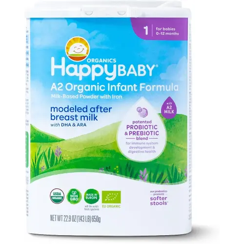 Happy Baby Organics Stage 1 A2 Infant Formula, 0-12 Months, Milk Based Organic Baby Formula Powder with A2 Milk, Probiotics & Prebiotics for Immune & Digestive Support, 22.9 Ounce (Pack of 1)