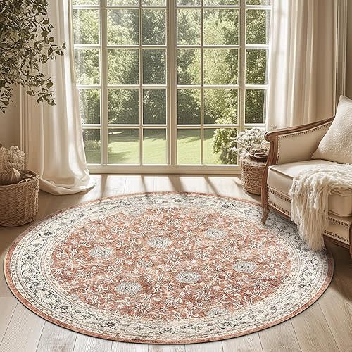 jinchan Round Rug 5ft Washable Circle Soft Rug - Low Pile Vintage 5'Round Indoor Orange Floral Print Stain Resistant Boho Carpet Ultra-Thin Non-Slip for Entryway Nursery Bedroom Dining Room Kitchen