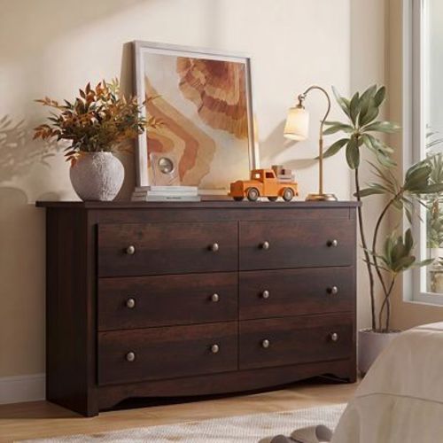 DEXYLLO 6 Drawers Modern Storage Dresser, 59-inch Wide Wood Chest for Bedroom/Living Room, Long Nightstand Organizer Unit , Brown
