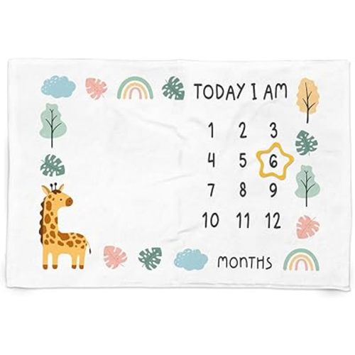 SANDJEST Monthly Milestone Blanket for Girl 60x40 - Giraffe Nursery Blankets for Pictures Photo Gifts Room Decor