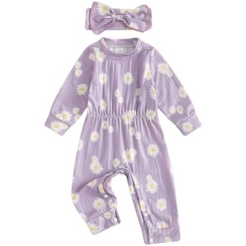 Winioder Newborn Baby Girl Fall Clothes Ribbed Long Sleeve Romper Jumpsuit with Headband Infant 2Pcs Coming Home Outfit