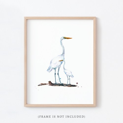 Blue Heron Mother and Baby Art Watercolor Print Coastal Decor for Nautical Nursery or Lake House Wall Art