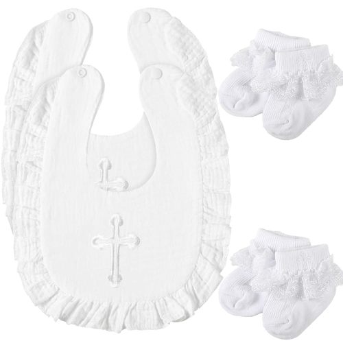 Lasnten 4 Pcs Baptism Outfit Gifts for Boys Girls, Baby Baptism Bib and Socks White Embroidered Cross Bib with Ruffles and Lace Socks Christening Gifts for Baby Infant Newborn