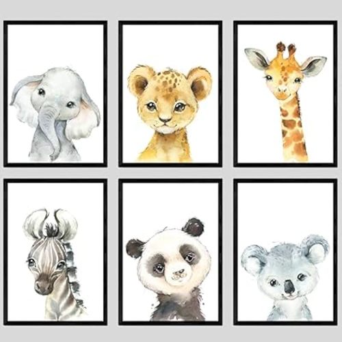 Baby Safari Animals for Girl or Boy Nursery Bedroom, Set of 6 Unframed Wall Art Prints, Nursery Decor Gift, Giraffe Elephant Lion Zebra Panda Koala Posters (8x10)