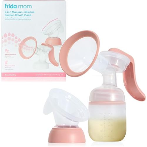 Frida Mom 2-in-1 Manual Breast Pump with Hands-Free Silicone Suction Cup, Milk Collector, Wireless Ergonomic Handle, and SoftFeel Flange for Breastfeeding