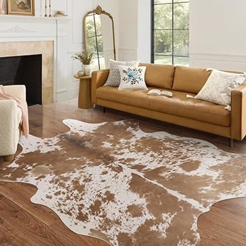 Faux Cowhide Rug 4.6x5.2 ft Cow Hide Faux Cowhide for Living Room Bedroom Dining Room Home Office Brown Cow Rug Carpet Western for Home Decor-NO Fur