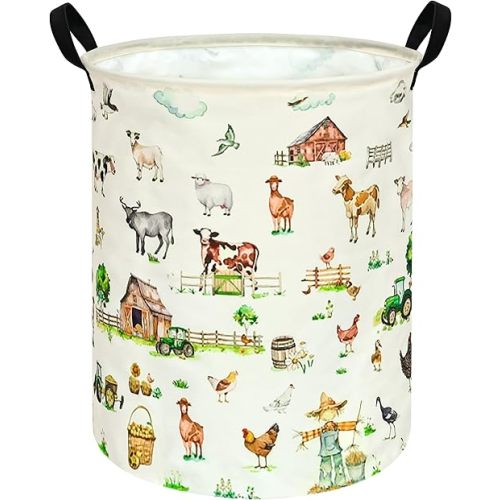 19.7 Inch Farm Pattern Round Kids Round Laundry Clothes Hamper Dino Laundry Basket with Handles,Baby Toys Storage Organizer Bins Laundry Gift Basket for Boys and Girls Room, Bedroom Decor