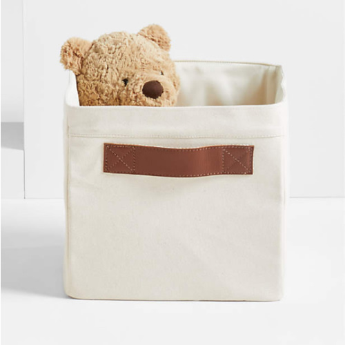 Canvas Shelf Storage Bin with Brown Leather Handles, Set of 4