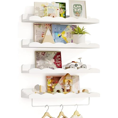 Fixwal Nursery Shelves, 16.5 Inch Floating Bookshelves for Wall Set of 4, Scalloped Wall Book Shelves with Towel Rack for Kids, Toddler Room, Baby Room, Nursery Decor and Storage(White)