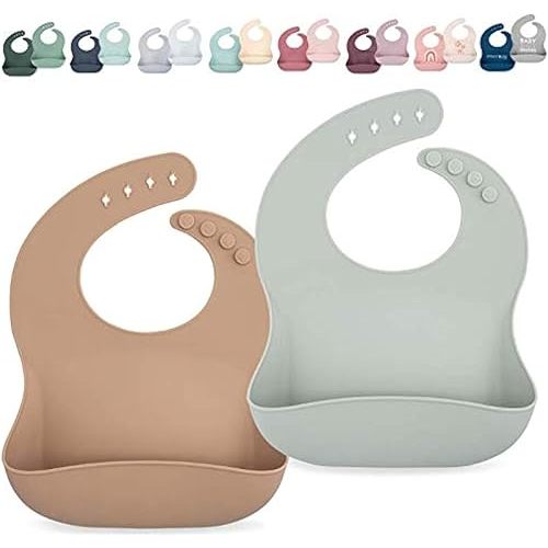 Waterproof Silicone Bib Set with Adjustable Neck Closure - Durable Silicone Bibs for Babies - Set of 2