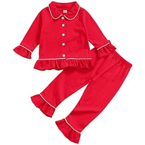 fhutpw Toddler Kids Baby Girl Pajamas Set Solid Color Ruffle Long Sleeve Button Shirt Top Pants Cotton Infant 2Pcs Pjs Set
