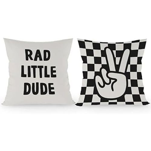 Checkered Pillow Cover, Rad Little Dude Preppy Retro Black Peace Hand Sign Decorative Throw Pillow Covers,Trendy Preppy Pillow Cases Cushion for Home Boy Teen Room Dorm, 18×18 Inch Set of 2