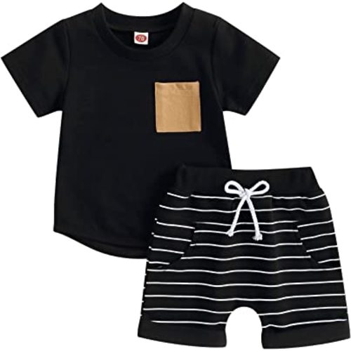 fhutpw Baby Toddler Boy Clothes Summer Outfits 6 12 18 24 Months Patchwork Short Sleeve T Shirt & Shorts Sets with Pockets