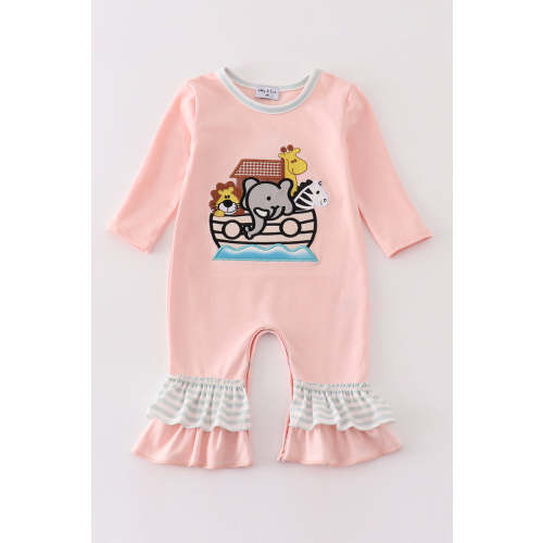 Pink noah's ark embroidery stripe girl romper – HoneyBean