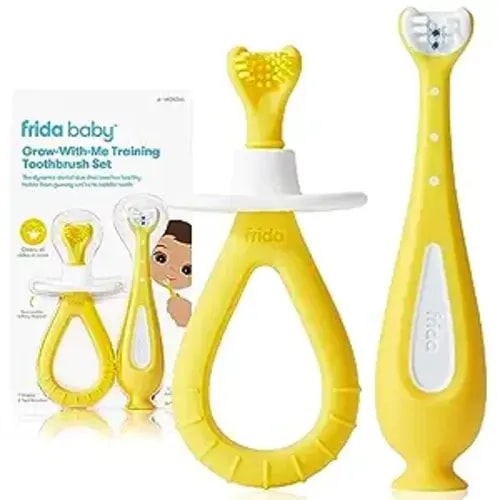 Frida Baby Grow-with-Me Baby Toothbrush Training Set: Infant to Toddler Toothbrush 0-12 months, Cleans All Sides at Once, Oral Care for Sensitive Gums, Baby & Toddler Stocking Stuffers - Yellow