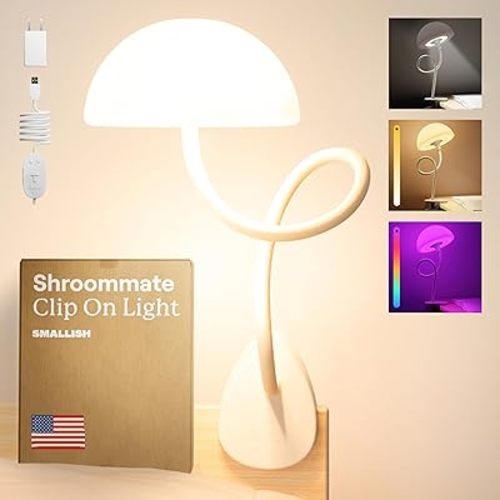Shroommate Clip On Light and Bedside Table Lamp, Reading Light, Night Light for Kids Nursery, Clip on for Desk, Bed Headboard, Multicolor Changing LEDs Lights, Adapter Included (White)