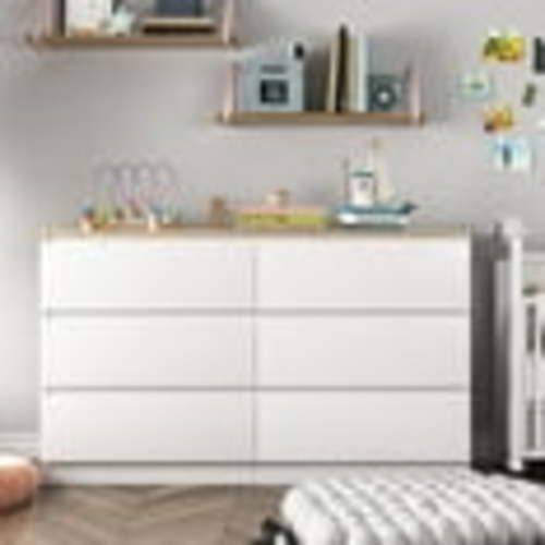 Kadyn Chest of Drawer, 6 Drawer Dresser for Bedroom, Natural Top Dresser,White