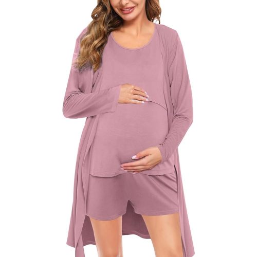 SWOMOG Maternity Nursing Robe Set 3 PCS Women Postpartum Pajamas Breastfeeding Labor Delivery Hospital Pregnancy Pjs