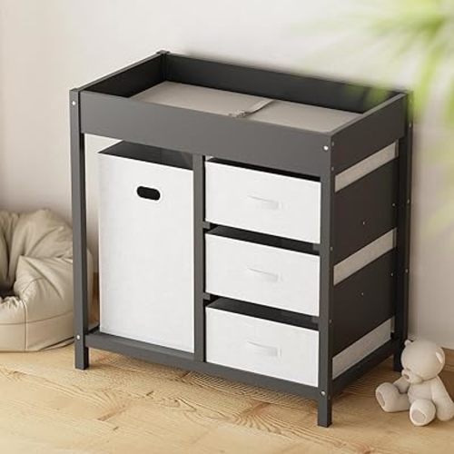 YUFU Baby Changing Table, Diaper Changing Table with Laundry Hamper, 3 Storage Drawers and Pad, Wooden Infant Diaper Changing Station, Gray