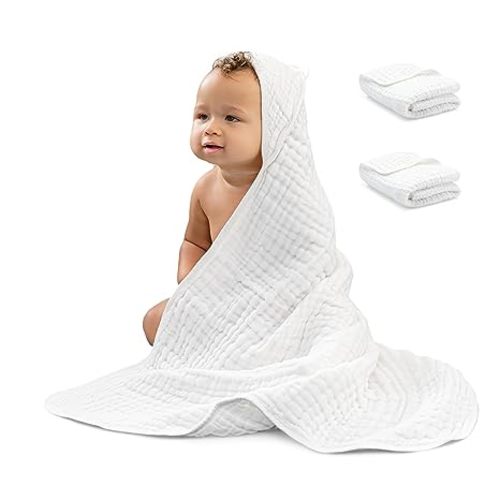 Comfy Cubs 2 Pack Baby Hooded Muslin Cotton Towel for Kids, Large 32” x 32”, Ultra Soft, Warm, and Absorbent. Baby Essentials Bath Towels, Cute Unisex Cover for Girls and Boys (2 Pack, White) - Pack of 2 - Baby