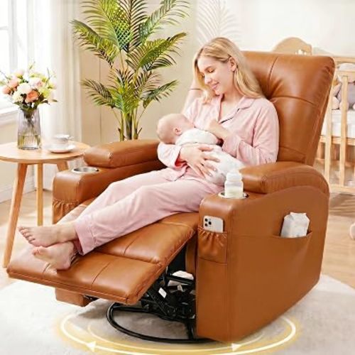 AIRSKY Top Grain Leather Recliner Chair, Oversized Swivel Rocker Recliners, Italian Water-Washing Process, Glide Recliner, Reading Chairs for Adults, Living Room Chair, R2, Beige (Brown)