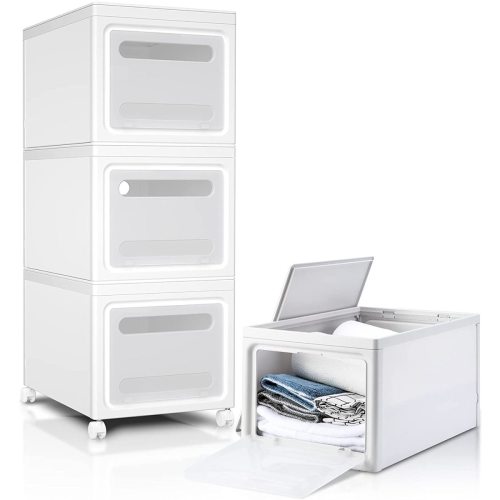 TKOOFN 3 Pcs 90QT Foldable Stackable Plastic Storage Boxes with Handles for Bathroom Cabinet, Office, Bedroom