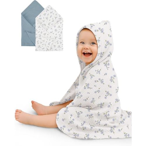 Hooded Baby Towels 2 Pack, Muslin Baby Bath Towels with Hood for Newborn Infant and Toddler, Soft Breathable & Absorbent, 30" x 30" (Bluebell Bloom & Light Blue)