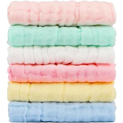 Orighty Muslin Baby Washcloths Pack of 6 - Soft Face Cloths for Newborn, Absorbent Baby Bath and Face Towels, 100% Cotton Baby Wipes, Burp Cloths, Feeding Towels for Babies and Infants - 10 x 10’’