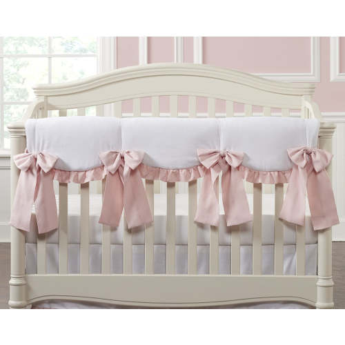 White Scalloped Rail Cover with Pink Ruffle + 4 Pink Linen Bows
