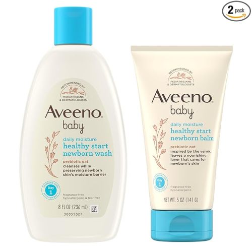Bundle of Aveeno Baby Healthy Start Newborn Wash, Hypoallergenic Baby Body Wash with Prebiotic Oat, Fragrance-Free, 8 fl. oz + Newborn Balm, Baby Skin Balm with Prebiotic Oat , Fragrance-Free, 5 oz