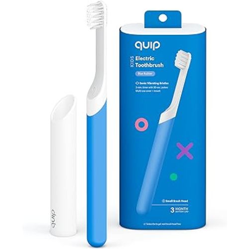 Quip Kids Electric Toothbrush - Sonic Toothbrush with Small Brush Head, Travel Cover & Mirror Mount, Soft Bristles, Timer, and Rubber Handle - Blue