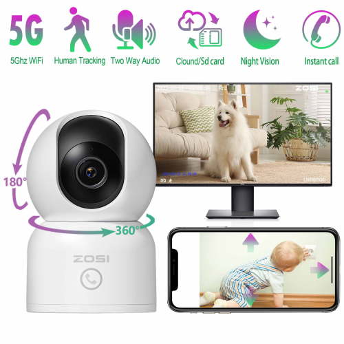 5Ghz WiFi Security Camera, ZOSI 3MP Baby/Pet Monitor, 2K 360°View WiFi Camera with PIR Motion Sensor,Pan/Tilt Indoor Camera for Home/Office, 2 Way Audio, Night Vision