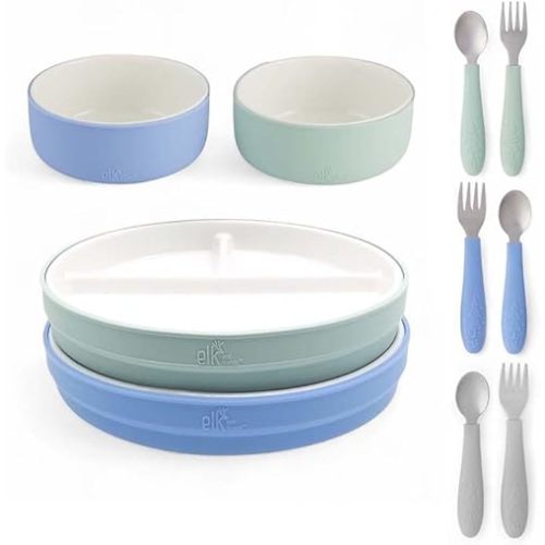Elk and Friends Kids Porcelain Mealtime Bundle - 10 Pcs Dinnerware Set - Plates Bowls Toddler Cutlery with Silicone Sleeve - Dishwasher & Microwave Safe