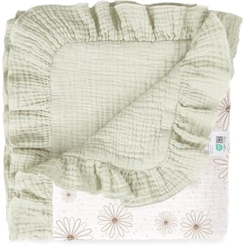 lulumoon Ruffle Muslin Baby Blanket: Soft Breathable Cotton Crib Blanket for Newborn Girls - Lightweight Receiving Wrap for Stroller & Photography Backdrop 40"x36"(Daisy)